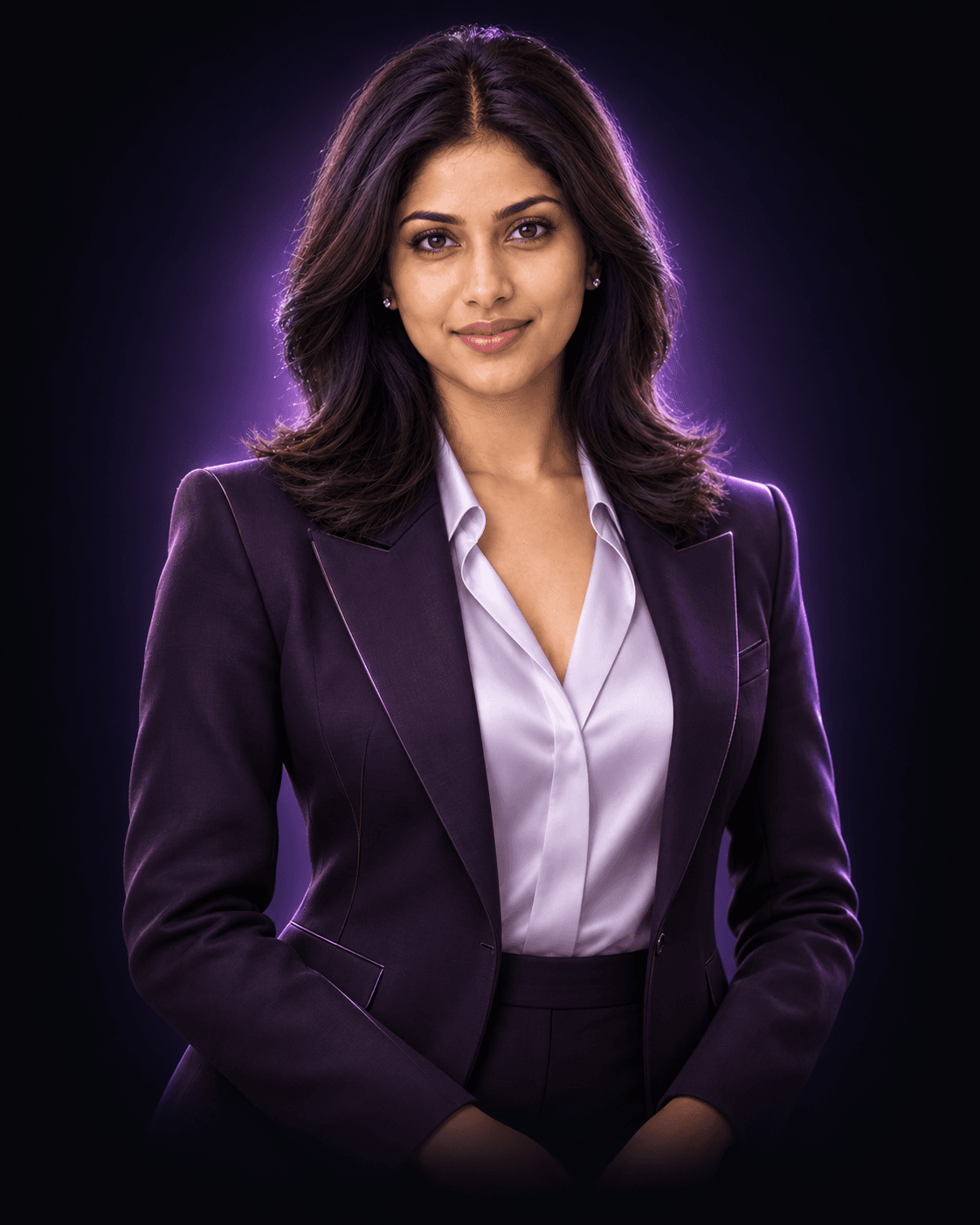 Kira, Kindforth’s AI assistant, in a violet-lit portrait wearing a purple blazer